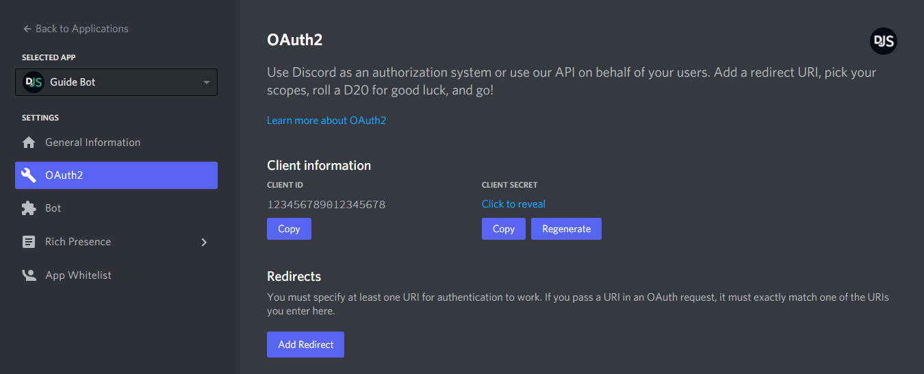 OAuth2 application page